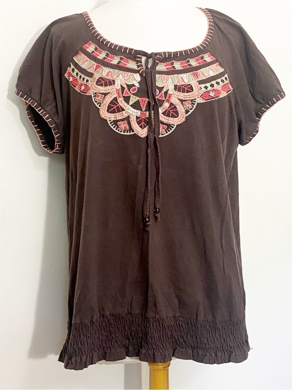 Avenue Boho Brown Cotton Short-Sleeve Top Embroidered Yoke Stretchy Hem 18/20